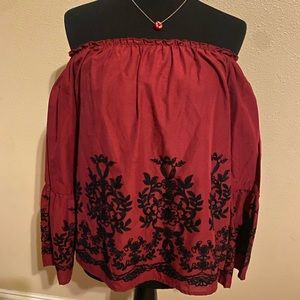 NWT Juniors Charlotte Russe black detail Burgundy Off The Shoulder /blouse Top M